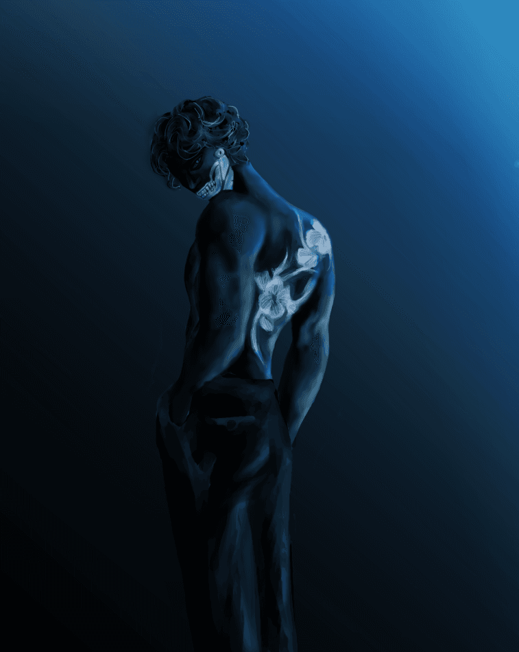 Faust, a masked warrior with glowing tattoos