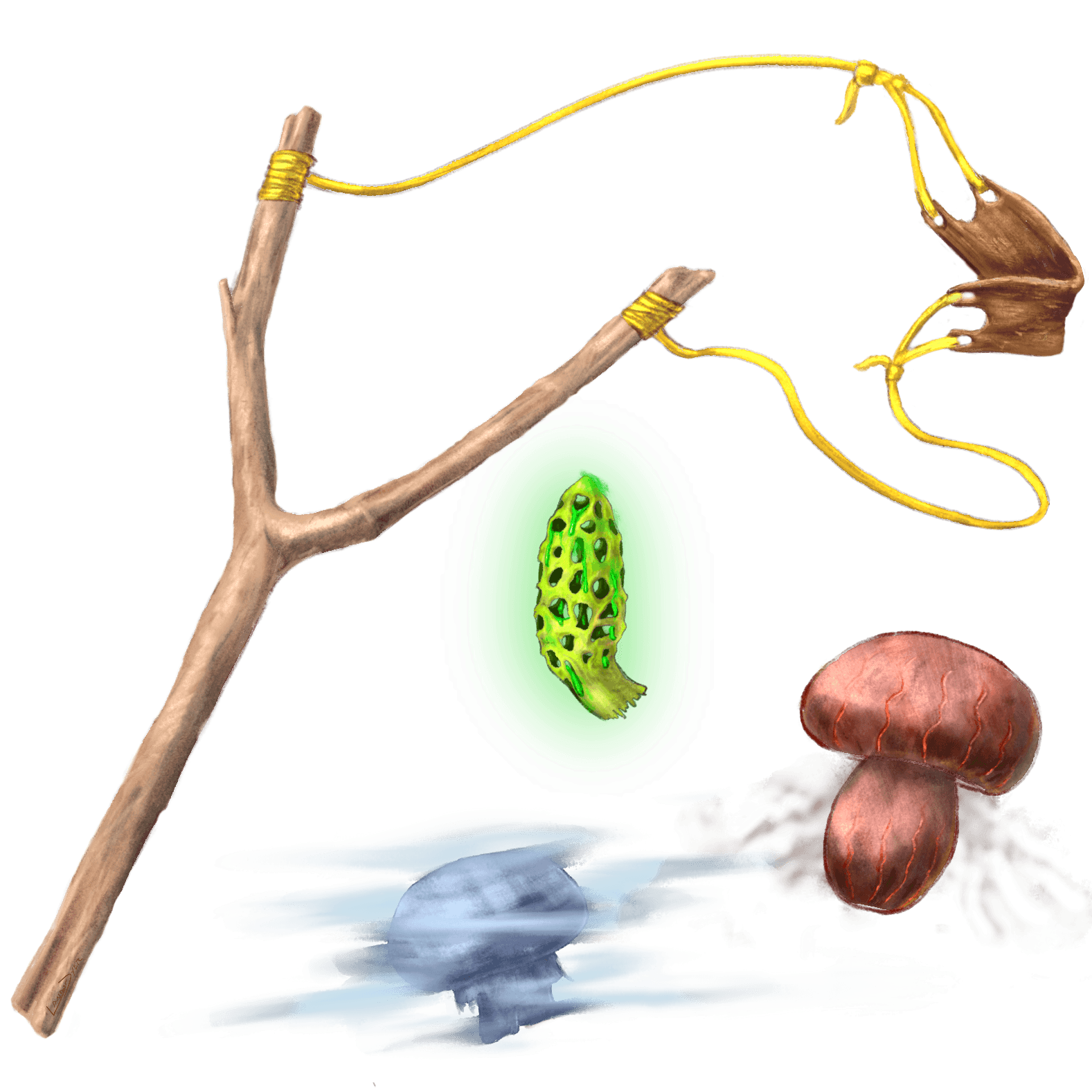 A whimsical slingshot with glowing mushroom ammunition